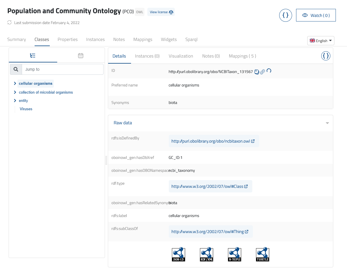 View classes of a specific ontology - details