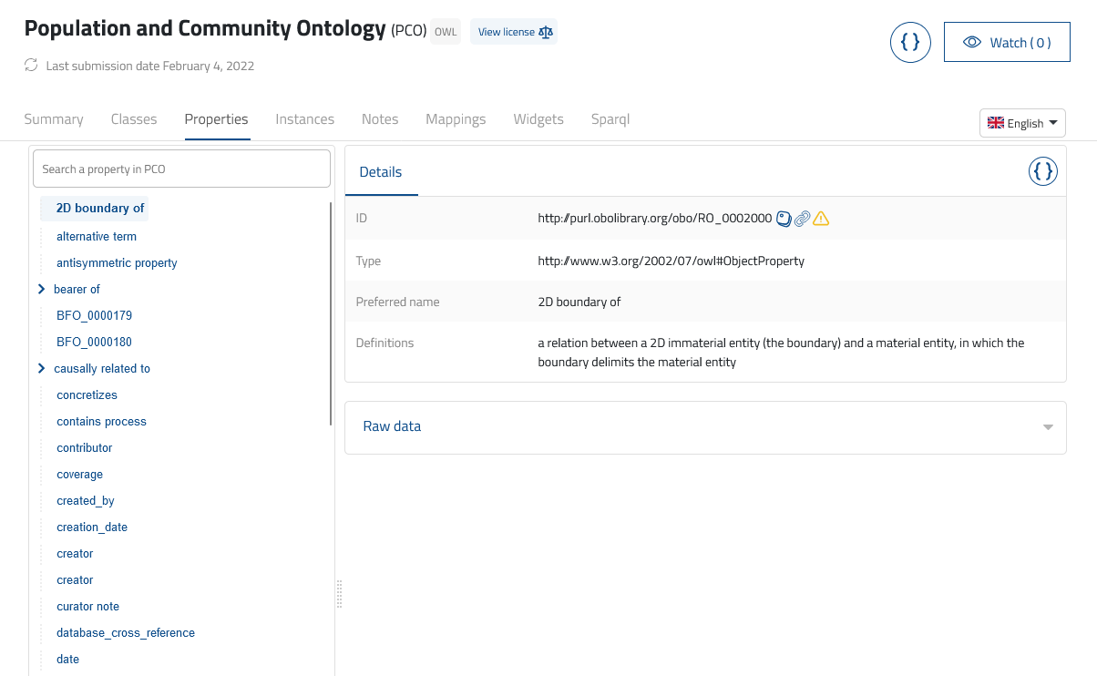 View properties of a specific semantic artefact