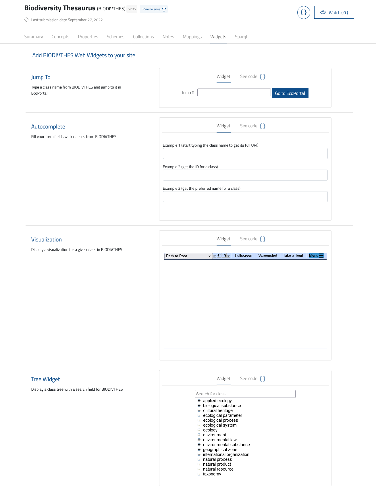 View widgets of a specific semantic artefact