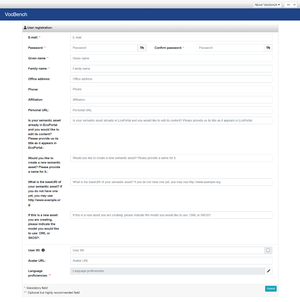 Registration in VocBench and creation of a new semantic artefact