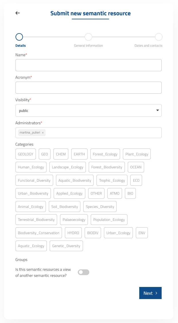 Wizard for the submission of a new semantic artefact