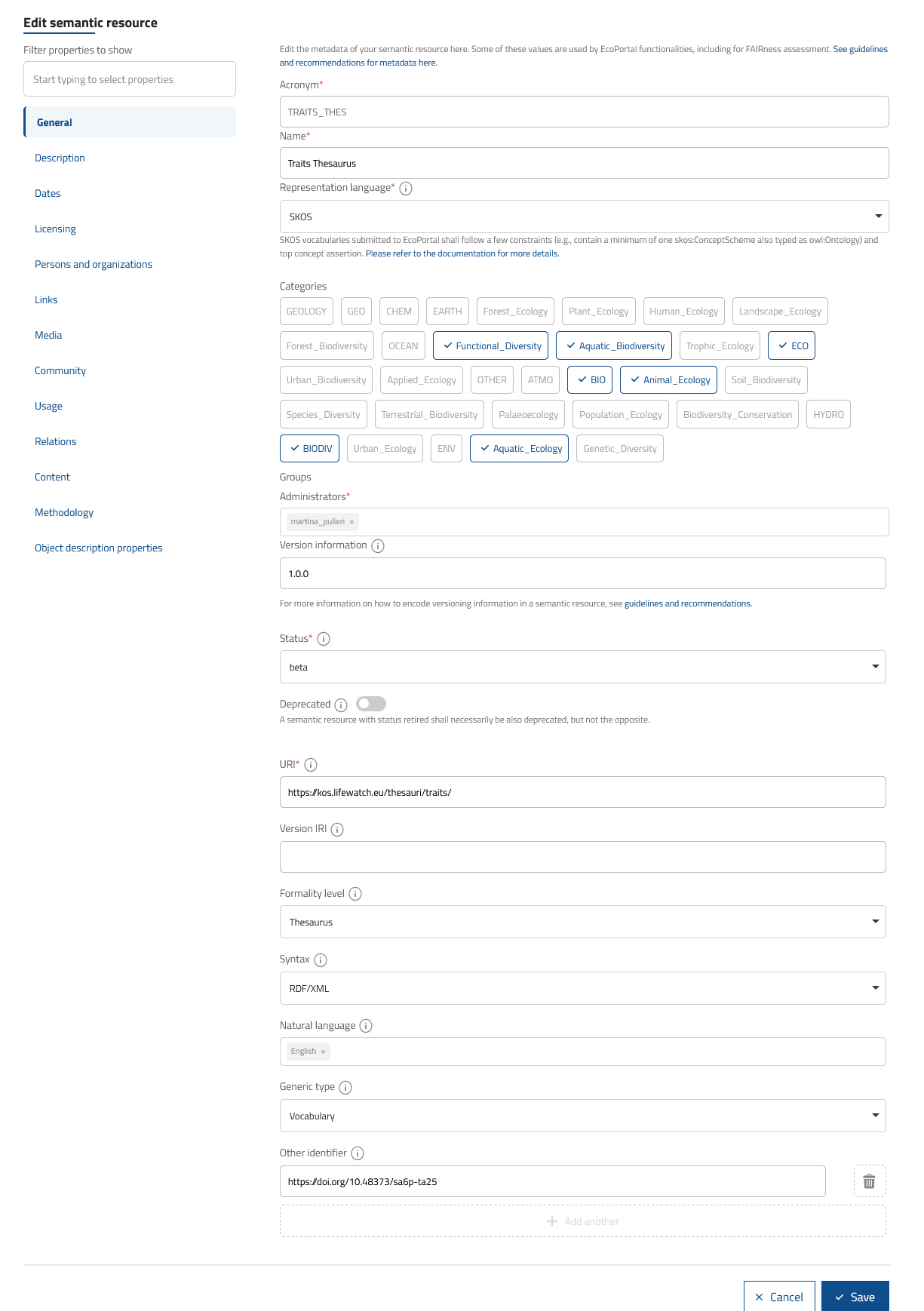 Wizard for adding/editing metadata of the submission for semantic artefacts